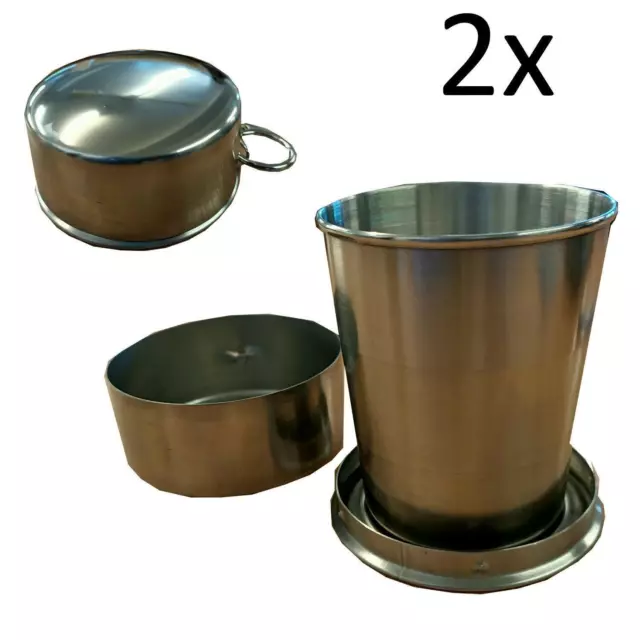 2 x STAINLESS STEEL FOLDING COLLAPSIBLE CUPS 250ml camping portable travel cup
