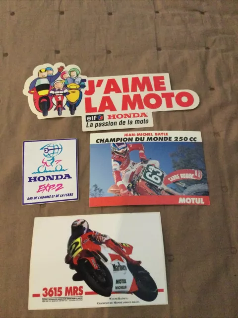 lot de 3 autocollants moto + 1 carte postale motul 1988 bayle honda