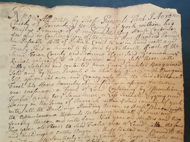 1737 antique COLONIAL DEED berwick me AARON CHICK massachusetts bay NATH'L FROST