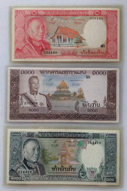 Laos banknotes set. UNC. P11a, 12a, 12b, 14b, 17a, 19a. 20 Kip - 5000 Kip.
