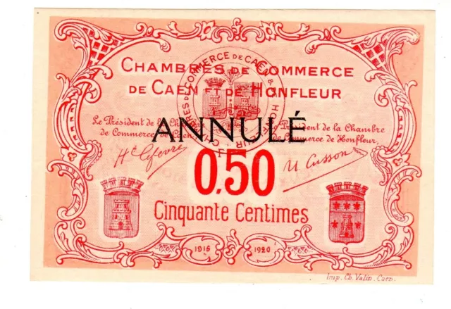 CHAMBRE COMMERCE HONFLEUR CAEN 50 CENTIMES 1915 1920 NECESSSITE Annulé NEUF UNC