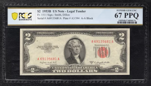 Fr 1511 1953-B $2 Legal Tender United States Note Pcgs Banknote Gem Unc-67Ppq.