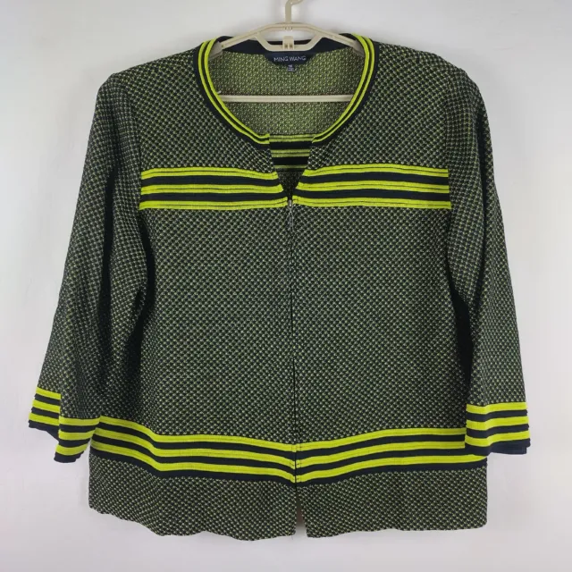 Ming Wang size 1X Zip Up Cardigan Jacket 3/4 Sleeves Black Neon Green Yellow