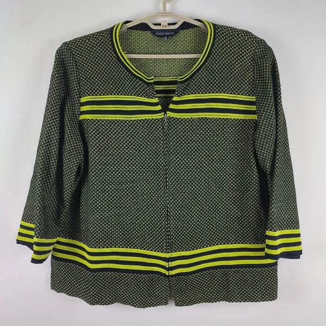 Ming Wang size 1X Zip Up Cardigan Jacket 3/4 Sleeves Black Neon Green Yellow