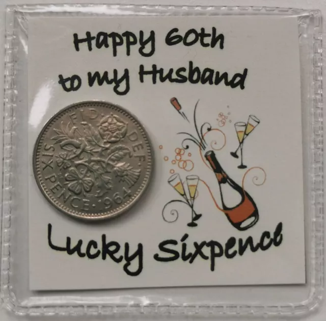 60th Husband Birthday Lucky Sixpence Gift* 1964 coin for 2024* Champagne Design