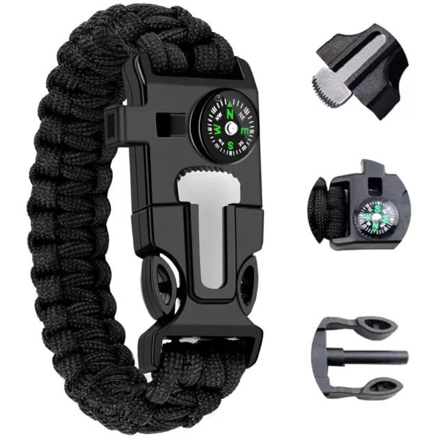 Survival Paracord Bracelet 5in1 Flint Fire Starter Whistle Compass Outdoor emerg 3