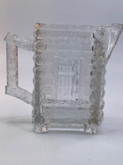 Antique Log Cabin syrup pitcher / creamer Early American Pressed Glass (K2)