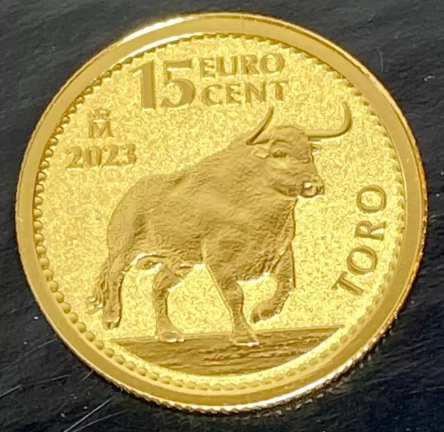2023 $15 Reverse PROOF 24K GOLD 15 Euro Spanish Toro .9999 Bull Coin 1/10th OzBU
