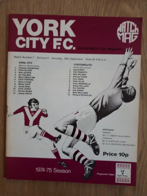 York City FC v Portsmouth - League Division 2 Programme - 28th Sep 1974