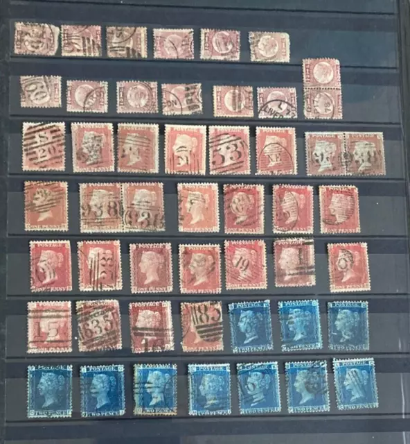 Stamps GB QV Bantams 14 1d Brown  12 1d Red Stars 7 Plates 6 2d Blue 10