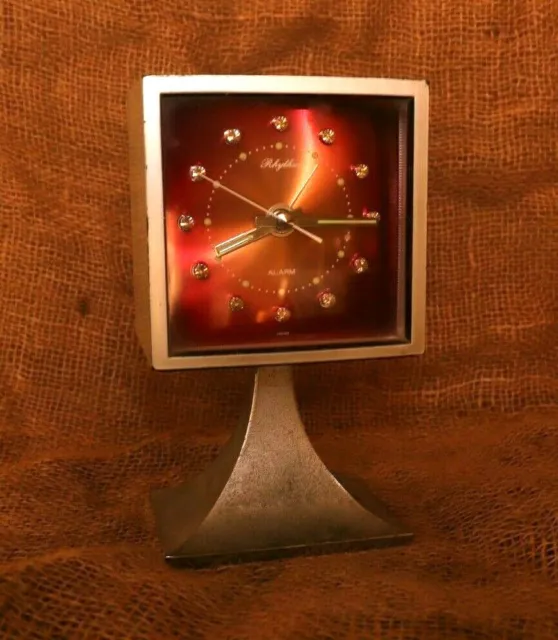 VINTAGE RHYTHM ALARM Clock Japan, Burgundy Dial Rare mechanical Alarm