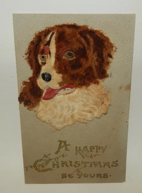 Antique German Christmas Postcard Felted Brown & White Setter Spaniel Dog