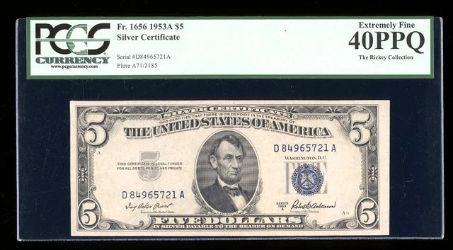 DBR 1953-A $5 Silver Fr. 1656 DA Block PCGS XF-40 PPQ Serial D84965721A