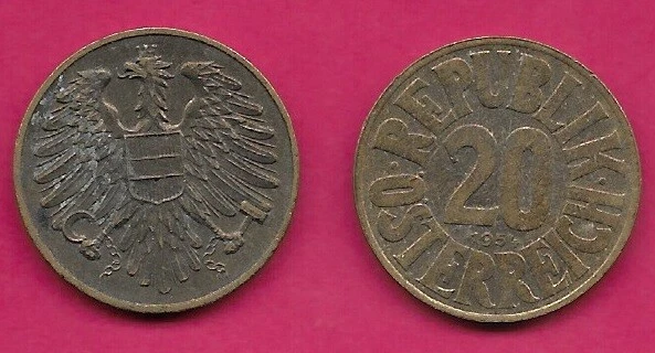 Austria 20 Groschen 1954 Vf-Xf Imperial Eagle With Austrian Shield On Breast