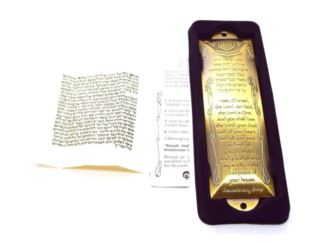 Shema Mezuzah hand made brass with prayer non Kosher scroll Israel Menorah 5.5"