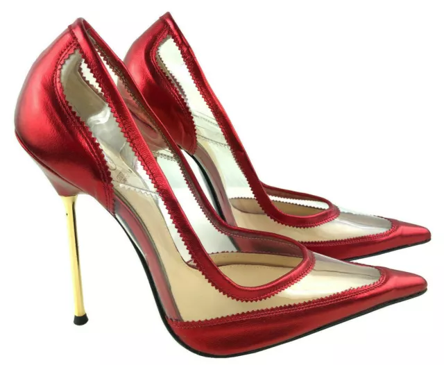 Cq Pumps Decolte Crystal Transparent Sexy Pvc Leather Gold Metal Heels Red Rosso