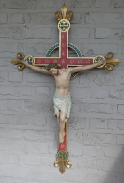 XL Antique French wood carved 37" Church crucifix cross fleur de lys hand paint
