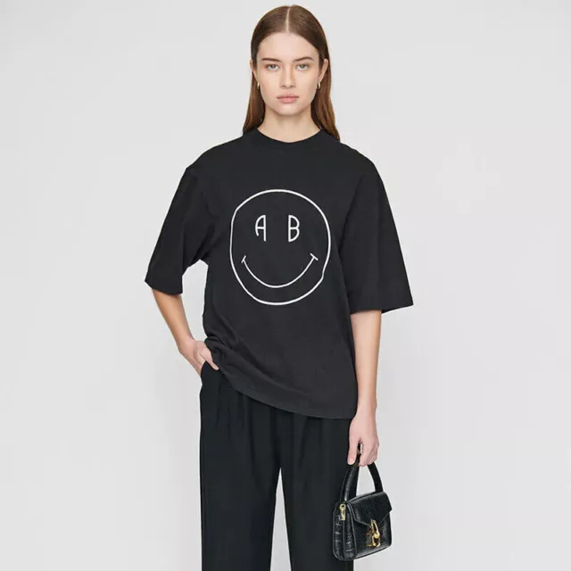 Anine Bing Smiley Printed Cotton Loose Round Neck Womens Short Sleeve T-Shirt.