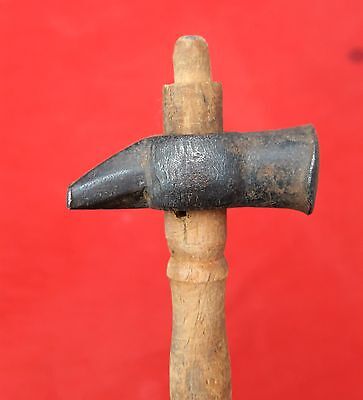 Old Early Primitive Hand Forged Miniature Iron Hammer Tool Wooden Fitting 3