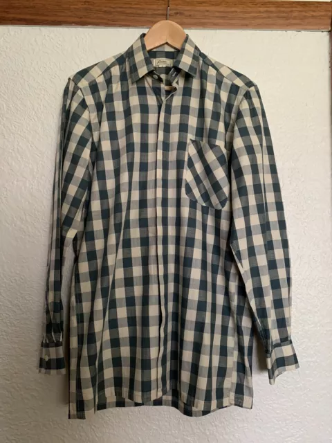 Mens vintage Luomo of Roma teal blue cream gingham cotton shirt small