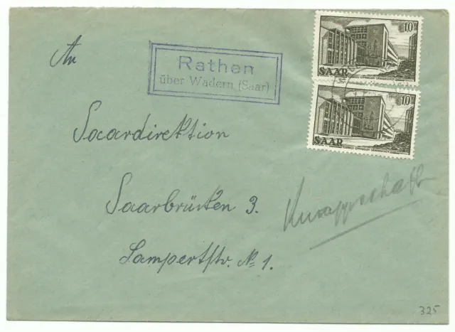 Saar Brief MEF Mi-Nr. 325 RATHEN über WADERN Landpoststempel 1955