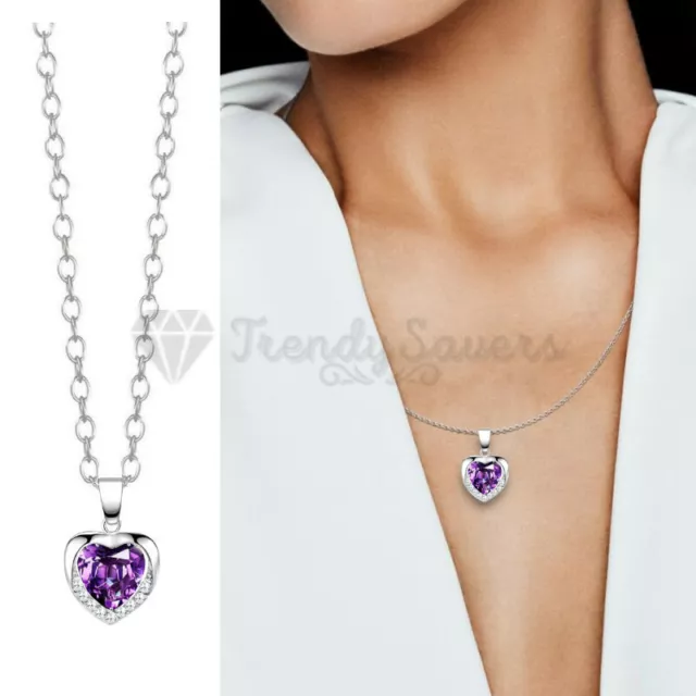 New 925 Sterling Silver Heart Charm Purple Crystal Stone Pendant Chain Necklace