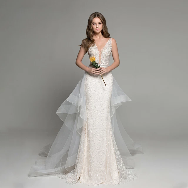 Sexy Mermaid Wedding Dresses V-neck Luxury Romantic Beaded Detachable Train Gown
