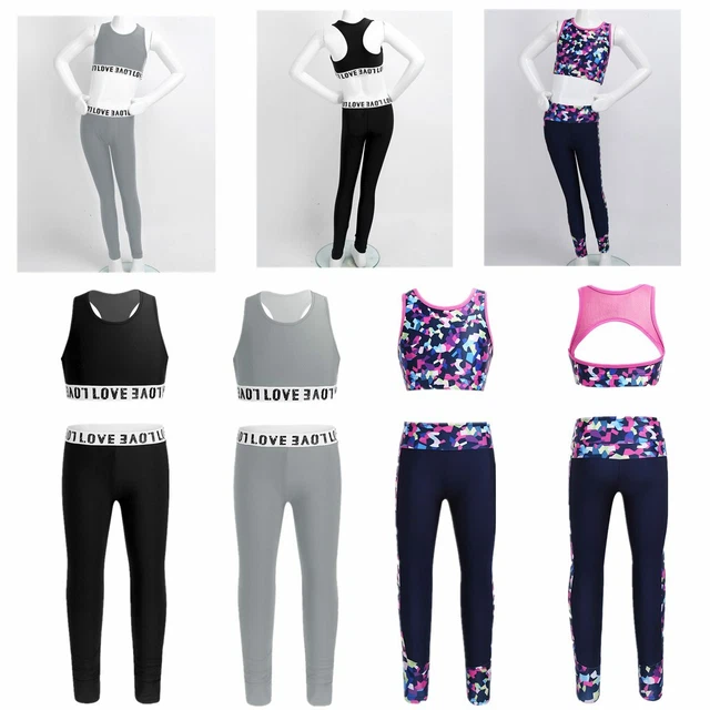 Girls Athletic Sports Outfits Gym Kids Ballet Crop Tops+Leggings Set Dancewear