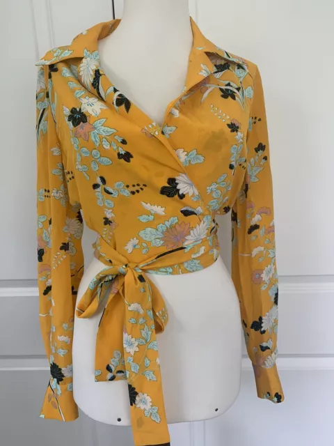 DIANE VON FURSTENBERG size 2 Silk Wrap Cropped Blouse Top Yellow Floral l/s