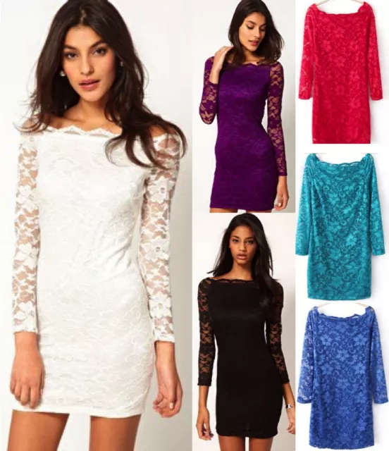 Classic Sexy Women's Lace Bodycon Off Shoulder Long Sleeve Evening Party Dress
