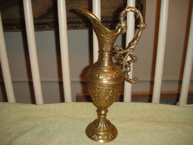 Antique Brass Urn Pitcher Detailed Faces Handle Ornate