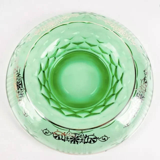 Large vintage american console bowl in green glass with sterling silver overlay.