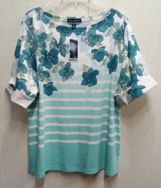 Karen Scott Womens  Printed Boatneck Shirt Aqua/Green (Size 2X) Nwt