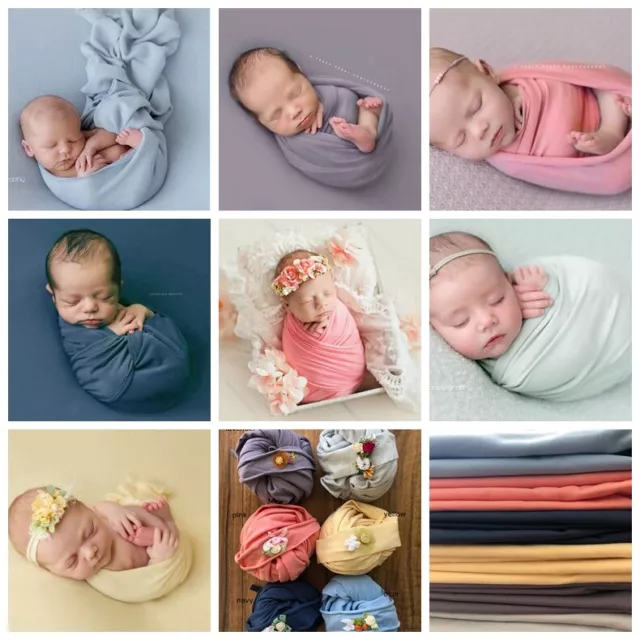 Newborn Baby Jersey Wrap Headband Set Photo Prop Backdrop Blanket Photography