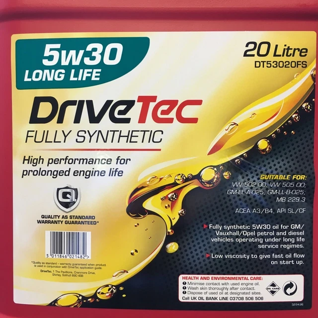 DRIVETEC 5W30 Fully Synthetic Car Engine Oil 20L Long Life 20ltr £129. ...