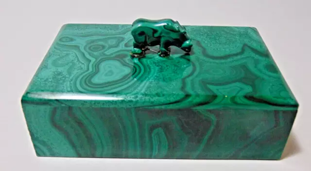 Hand Carved Malachite Jade Stone Jewelry/Trinket Box W/ Rhinoceros Figure On Top