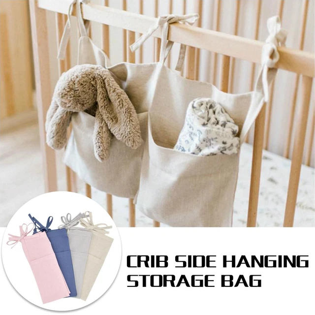 Crib Side Hanging Storage Bag, Linen 2 Pocket Organizer For Crib and Toys, T4Z1