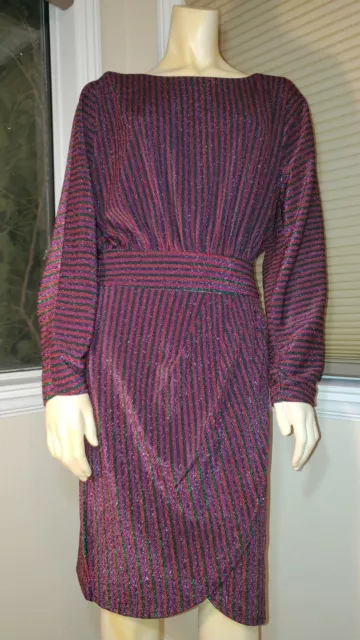 Trina Turk Sparkle Metallic Stripe Dress Long Sleeve Stretchy Tulip Skirt 6