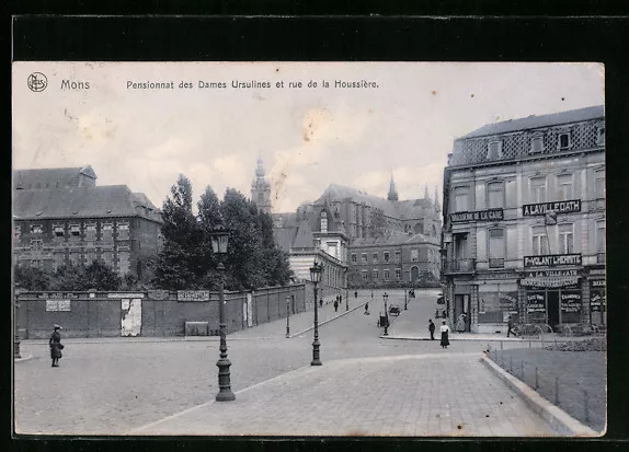 CPA Mons, Pensionnat des Dames Ursulines et rue de la Houssiere 1908