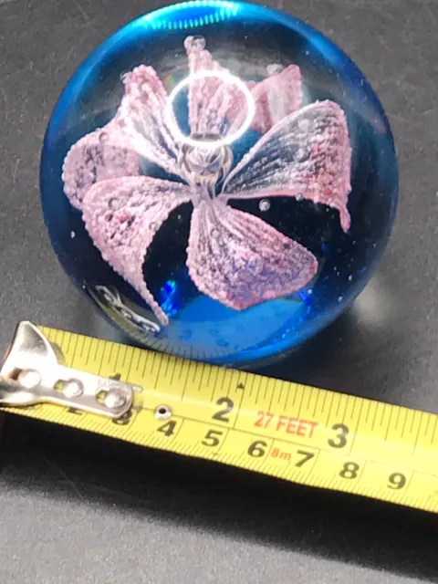 Vintage Large Art Glass Paperweight Controlled Bubble Flower Blue Base