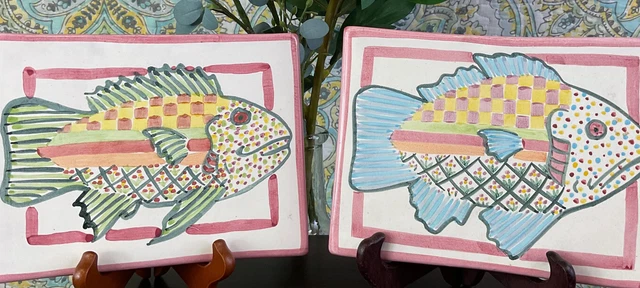 2 MacKenzie Childs Tile Trivet Fish Story Hot Plate Art 8x6 Victoria & Richard 2 MacKenzie Childs Tile Trivet Fish Story Hot Plate Art 8x6 Victoria & Richard