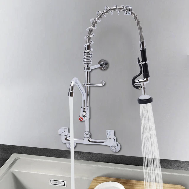 360° Rotate Commercial Faucet w/ Pull Down Sprayer Wall Mount Sink Faucet
