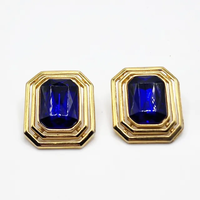 Vintage Royal Blue Glass Sapphire Rectangle Gold Tone Post Crystal Earrings