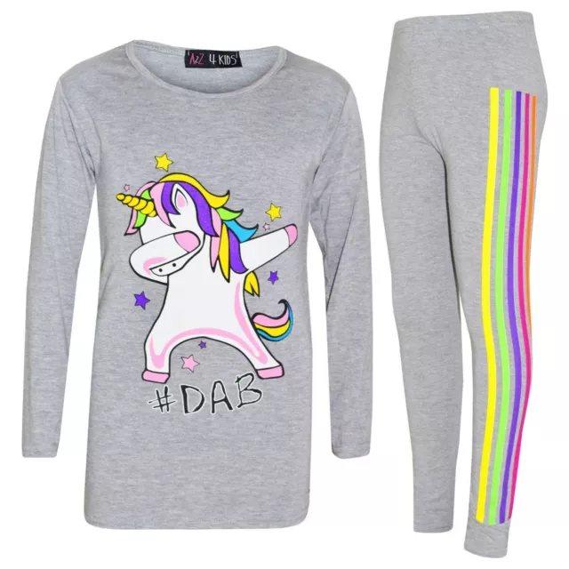 Kids Girls Xmas Outfit Set Rainbow Unicorn Dab Floss Grey Top & Legging 7-13 Yrs