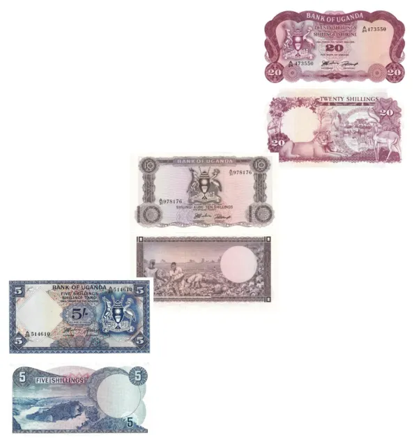 Uganda Set Of 3 Notes 5 10 20 Shillings 1966 P 1 2 3  Unc
