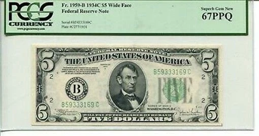 FR 1959-B 1934C $5 Federal Reserve Note 67 PPQ GEM NEW