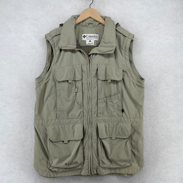 COLUMBIA Vest Womens L Nylon Mesh Lined Fishing Hunting Full Zip Hooded Beige