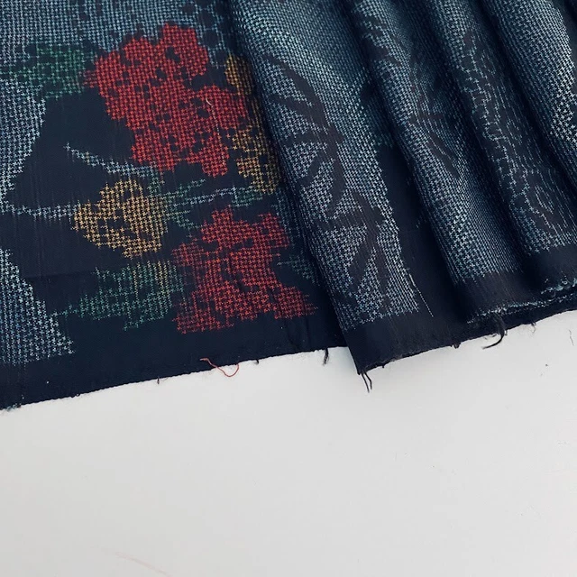 Bamboo Flower #A 14x41 Indigo Dyed Oshima Tsumugi Silk Kimono Fabric OT68