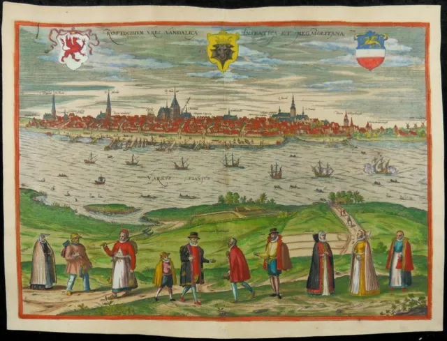 ROSTOCK OSTSEE GROßE KOL. ANSICHT RADIERUNG BRAUN HOGENBERG 1595 Rostochium Urbs