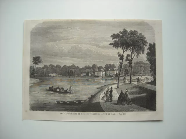 Gravure 1860. Embellissements Du Bois De Vincennes. Vue Du Lac.